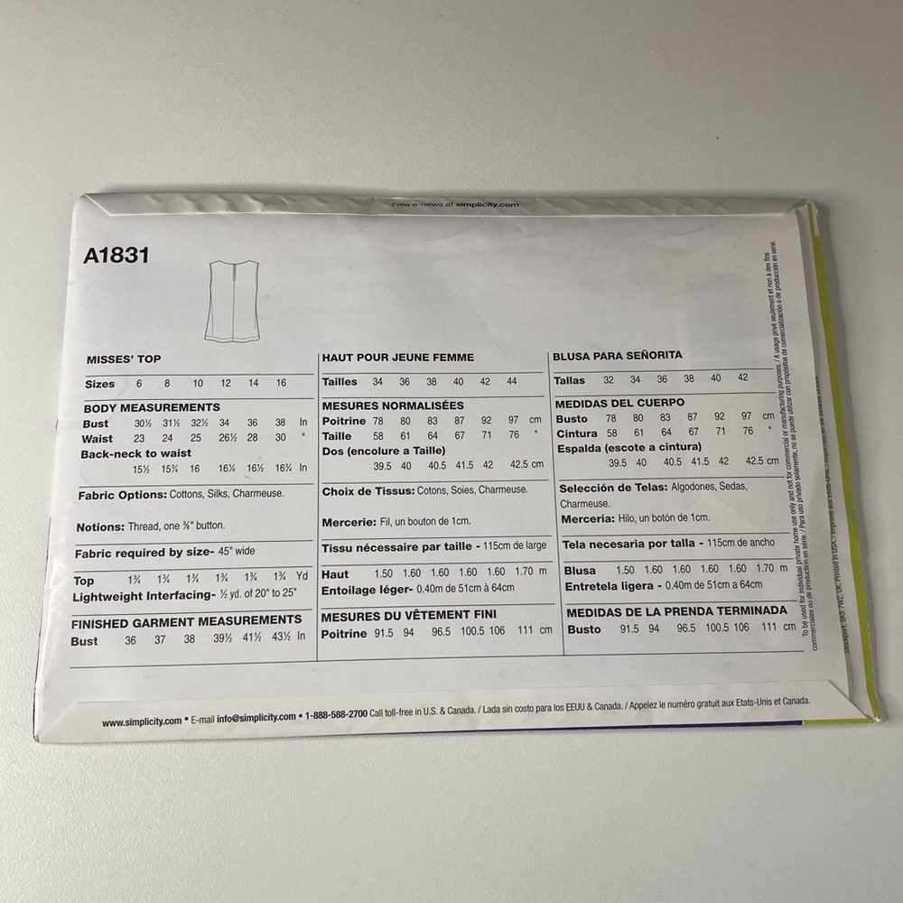 Simplicity Sew Simple Pattern A1831 - Picture 2 of 5
